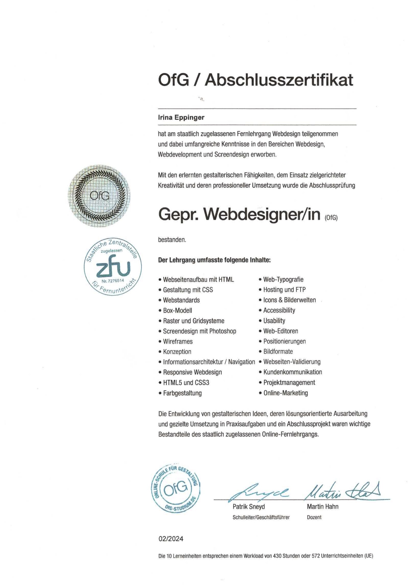 OfG Abschlusszertifikat